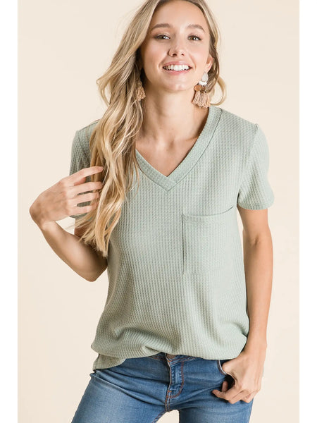 Marley V-Neck Waffle Knit Pocket Top