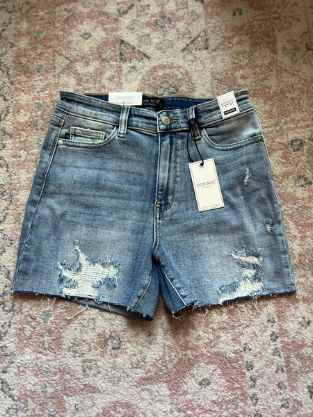 Judy Blue Brianna High Waist Shorts with stitch over destroy detail