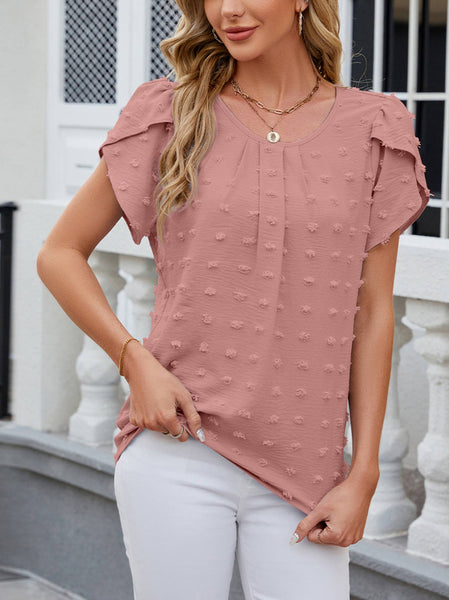 Chelsea Jacquard Round Neck Short Sleeved Solid Color Chiffon Shirt