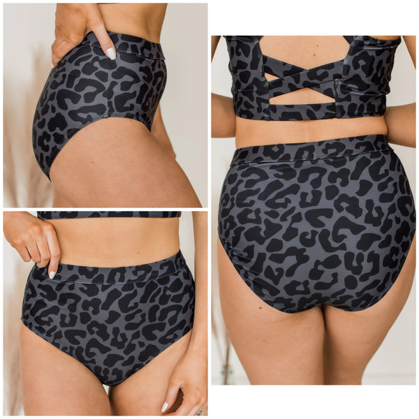Sandy Shores High-Rise Swim Bottoms- Charcoal Leopard