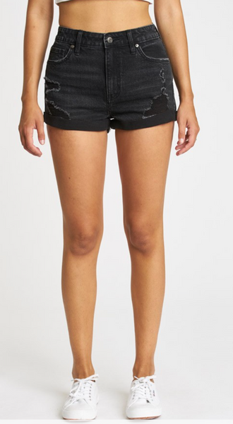 Kara Super High Rise High-Low Rolled Short in Black Opium